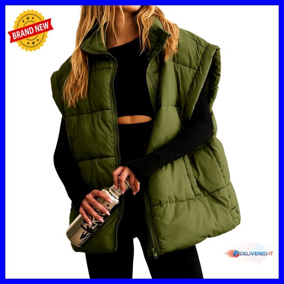 Oversized Puffer Vest Stand Collar Insulated Padded Winter Coat Chic Casual